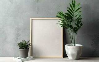 Empty frame with copy space on shelf over grey wall with flowers in vase, blank vertical frame, minimalist design scene, modern interior mockup, AI Generative photo