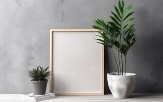 Empty frame with copy space on shelf over grey wall with flowers in vase, blank vertical frame, minimalist design scene, modern interior mockup, photo