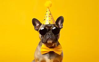 Cute dog in Party Hat and Sunglasses over Yellow Background. Funny Pet Celebrating. French Bulldog, AI Generative photo