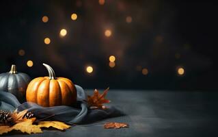 Thanksgiving day with pumpkins and maple leaves on dark bokeh lights blue background. Autumn composition with copy space. Wooden table. Halloween concept. AI Generative photo