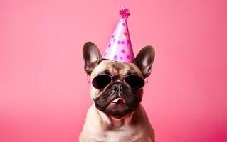 Funny Pet Celebrating, French Bulldog in Party Hat Sunglasses over pink background, bithday banner, AI Generative photo