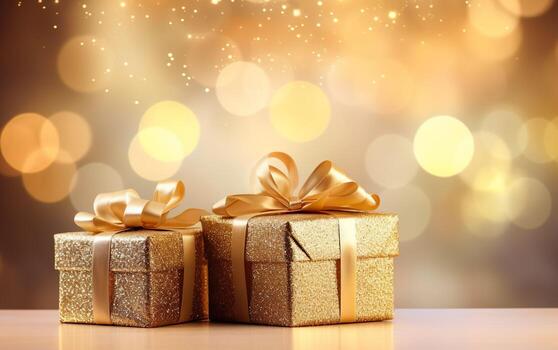 Navidad y nuevo año antecedentes - regalo cajas con dorado cinta arco etiqueta ver borroso bokeh luces. parpadeo fiesta antecedentes. Copiar espacio. ai generativo foto
