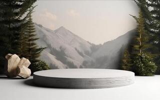 3d background product display podium scene with concrete cylinder stand concept. Green foggy forest with mountains background, beauty skincare technology products display, photo