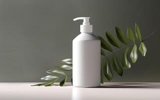 empty bottle mockup of white blanc dispenser on a white table counter, green background, cosmetic product display podium scene with tropical leaf, AI Generative photo