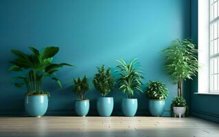 el interior en conserva plantas decoración en moderno habitación con un de madera piso y azul pared. ai generativo foto