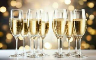 Glasses of champagne on table on the white background. Many glass of white sparkling  wine. Buffet. Celebration of birthday, baptism, wedding or corporate party. AI Generative photo