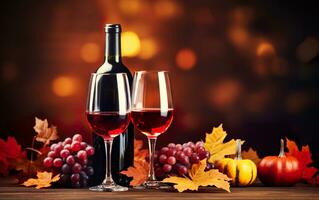 Autumn Still Life composition with wine bottle and glasses, pumpkins, maple leaves and grape on the wooden table. Copy space. Orange Blurred  bokeh background. AI Generative photo