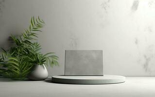 Empty concrete podium with tropical plants in vase background. Gray wall and floor. 3d stage showcase for decoration, luxury cosmetic, skincare, beauty product, AI Generative photo