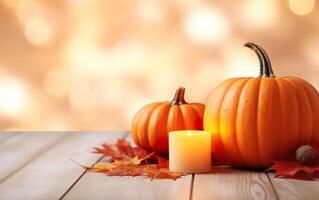 Autumn Still Life composition with pumpkin, candles and maple leaves on bokeh lights orange background with copy space. Wooden table. Halloween concept. Happy Thanksgiving. photo