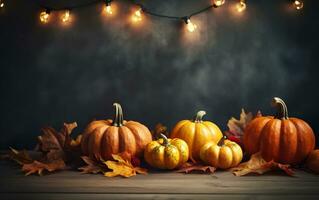 Autumn pumpkins background with copy space, garland with light bulbs, dark bokeh lights, maple leaves. Wooden table. Halloween concept. Happy Thanksgiving. AI Generative photo