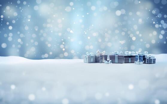 Navidad y nuevo año antecedentes - regalo cajas con azul cinta arco etiqueta en el nieve bokeh antecedentes. saludo festivo imagen con Copiar espacio. ai generado foto