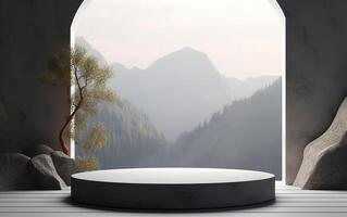 3d background product display with arch and cylinder podium scene. Green foggy woods mountains background, beauty skincare technology products display, photo