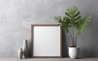 Empty frame with copy space on shelf over grey wall with flowers in vase, blank vertical frame, minimalist design scene, modern interior mockup. photo