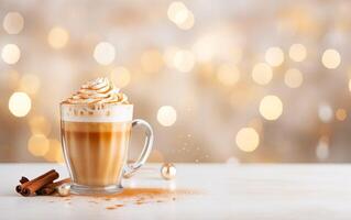 cup of latte with cinnamon and whipped cream, blurred, sparkling and fabulous white background with beautiful bokeh, light orange gold, festive atmosphere, glitter on the table. photo