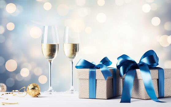 Navidad y nuevo año antecedentes - regalo cajas con azul cinta arco etiqueta y champán lentes en el antecedentes de bokeh guirnaldas Copiar espacio. ai generado foto