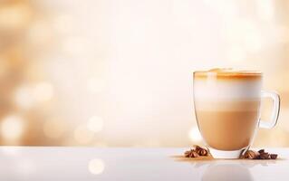 cup of latte with star anise and coffee beans, sparkling and fabulous with background with beautiful bokeh , light orange and gold, festive atmosphere, cinnamon powder on white table. photo