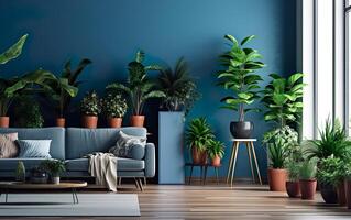 Living room interior with potted plants, blue wall and blue couch. Indoor potted plants decoration. AI Generative photo