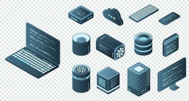 Set of isometric computer technology. Isometric set server equipment. Technology isometric icons. Digital technology items. Vector illustration