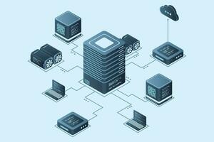 Computer technology isometric illustration. Computation of big data center. Cloud computing. Online devices upload and download information. Modern 3d isometric vector illustration