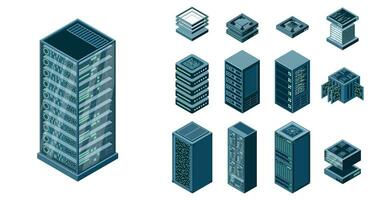 Set of isometric server racks. Server isometric set. Digital technology elements. Vector illustration