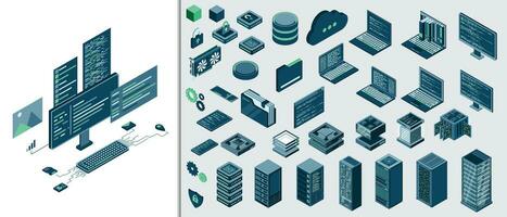 Set of isometric computer technology. Isometric set server equipment. Technology isometric icons. Digital technology items. Vector illustration