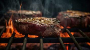 Beef steaks on the grill with flames, professional pastel color room grading, AI Generative photo