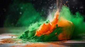 Orange and green color powder splash. Concept for India independence day, 15th of august, generative ai photo