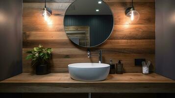 elegante diseño baño con de madera paredes, blanco cuenca y redondo espejo. generativo ai foto