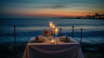 romántico puesta de sol cena en el playa. lentes de champán bebidas en un restaurante con mar vista. verano amar, ai generativo foto