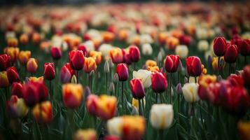 un campo plantado con muchos tulipanes en primavera tiempo. vistoso antecedentes con flores para primavera fiesta estación. cerca arriba, generativo ai foto