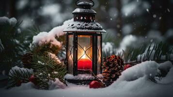 Navidad linterna en Nevado mesa con abeto ramas y adornos, generativo ai foto