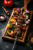 Cooked delicious realistic shish kebab on a skewer and grilled baked vegetables in close-up on an oak board in the form. Realistic background with beautiful realistic lighting, generative ai photo