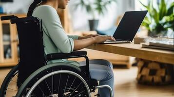 Side view of cropped body of young female in casual clothes sitting on wheelchair at table, writing notes in notebook from laptop while working on project in living room. Generative AI photo