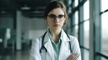 woman doctor crossed arm and holding stethoscope on empty. Generative AI. photo