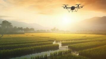 Agriculture drone flying on rice farm to sprayed fertilize. AI Generative. photo