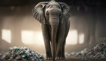 un elefante soportes entre el pila de algo de el plastico residuos mirando para comida y refugio, concepto de ahorro el mundo. generativo ai. foto