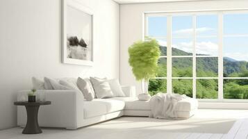 Scandinavian interior design. Idea of white room with sofa and summer landscape in window. Generative AI photo