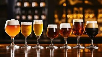 diferente tipos de arte cerveza en lentes en mesa en pub interior en luz. generativo ai foto