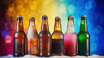 cerveza botellas descansando en hielo, rodeado por un espectro de animado matices, generativo ai foto