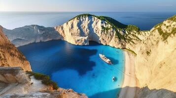 abrazando el sereno navagio playa en zakynthos. generativo ai foto