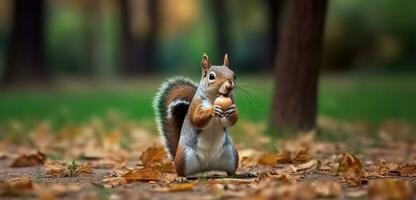 A Playful Encounter of a Squirrel, Standing Tall Amidst Fallen Leaves and Majestic Trees holding a nut in its mouth. Generative AI photo