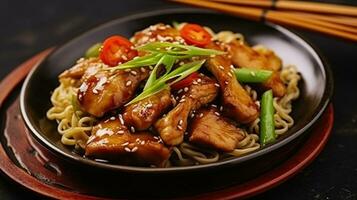 Teriyaki chicken with noodles and spring onions. Generative AI photo