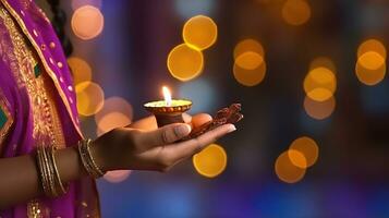 Diwali or festival of lights. Traditional Indian festival, woman in sari hands holding oil lamp, with defocus light background. Generative AI photo