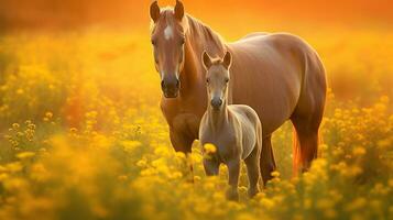 Mother and foal standing in a field of yellow flowers, in the style of beautiful, light red and light amber, Generative AI photo