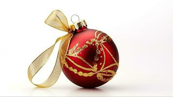 Red christmas ball with gold ribbon bow on white background. Generative AI photo