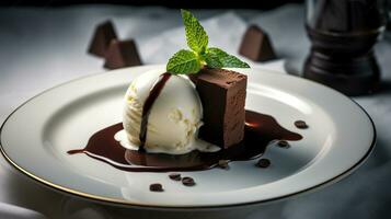 A piece of chocolate cake and ice cream on it with a mint sprig on top of the plate. Generative AI photo