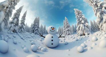 Panoramic view of happy snowman in winter scenery. Generative AI photo