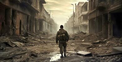 A lone soldier walks through the war-torn city between destroyed buildings. Generative AI photo