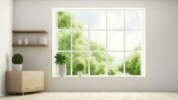 un tranquilo blanco habitación con un estante y encantador verde paisaje enmarcado en el ventana. generativo ai foto