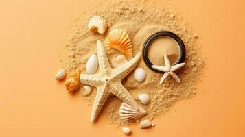 Seaside Treasures, The Allure of Starfishes and Seashells on Sandy Shores. Generative AI photo